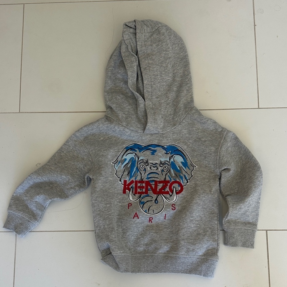 Kenzo Kids Gray Hoodie with Blue Elephant Motif 4A